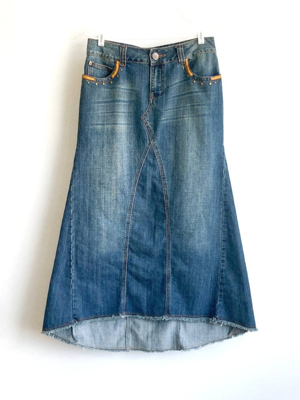 Baccini Y2K Long Denim Skirt with Studs & Embroidery
